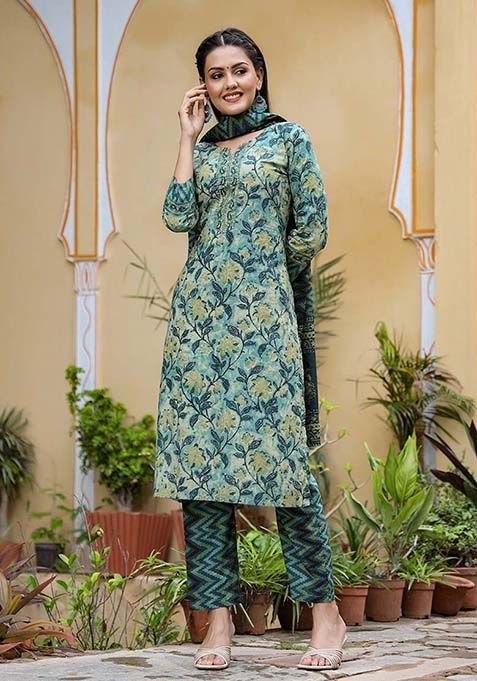 Teal Printed Rayon Blend Kurta Set