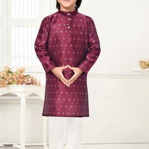 Wine Jacquard Kurta Set For Boys