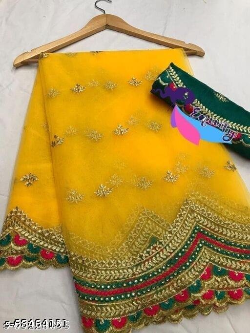 Ikat Net Embroidered Saree With Blouse